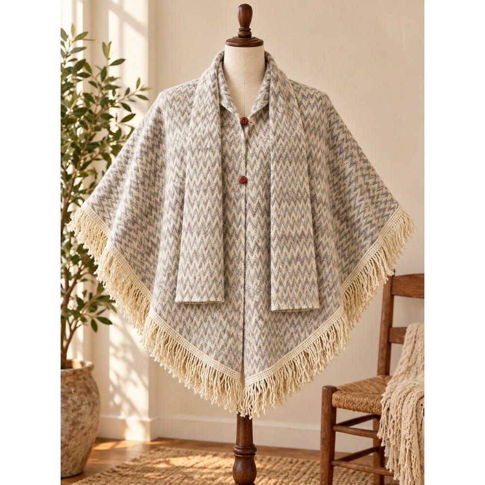100% Wool Cape Poncho Cream Taupe Chevron Fringe Boho Western Cottagecore Wrap